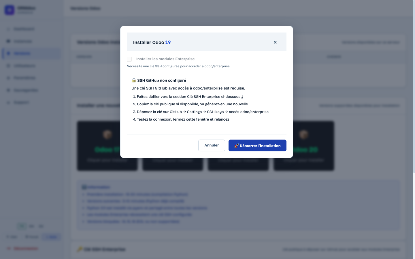 Modal de confirmation d'installation